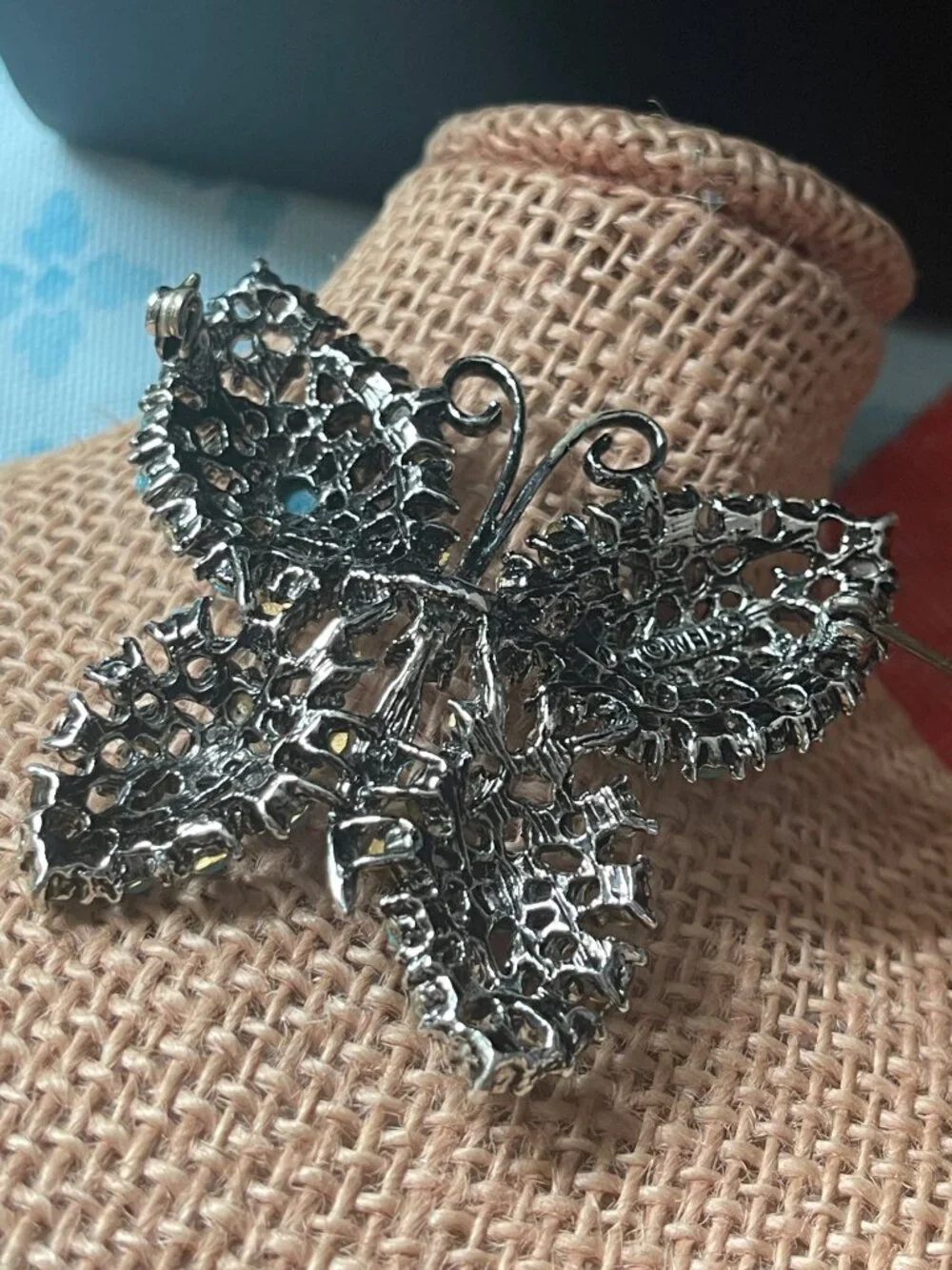 VTG Weiss Bejeweled Butterfly Brooch Turquoise Cabochons & Rhinestones 3.5